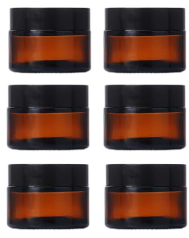 Lot de 6 petits pots à maquillage en verre ambré de 14,2 g - Anti-fuite - Avec couvercle noir - Large ouverture - Pour le stockage de crèmes, pommades, pommades