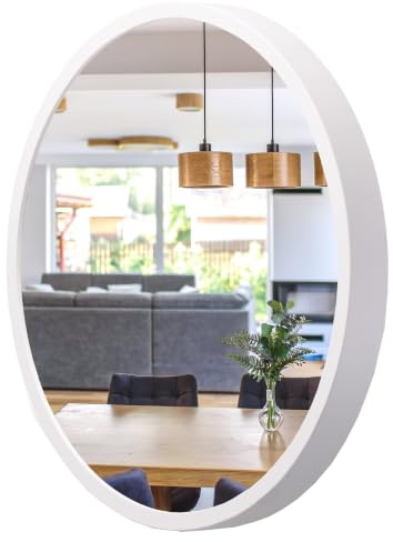 Spiegel Rund Holz Weiß - Wandspiegel mit Holzrahmen (∅47 cm) - Spiegel LEJA | Massivholz, Einfache Montage, EU-Produktion, 4 mm Spiegelglas, Sicherer Metallhaken, Pflegeleicht