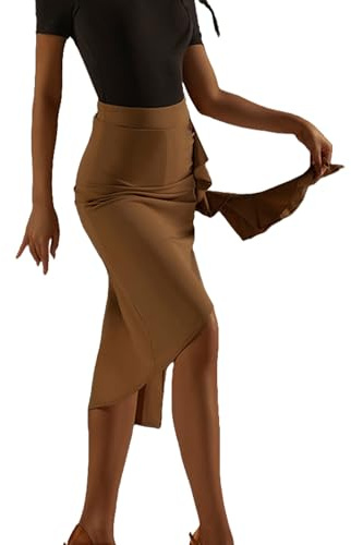 LDXEQIZ Damen Latein Tanzröcke Für Training,Erwachsene Schlitz Dance Skirt Für Salsa,Tango,Cha Cha,Rumba,Jazz,Irreguläre Rüschen Tanzkleid Für Ballsaal,Bauchtanz Hüfttuch(Brown,M)