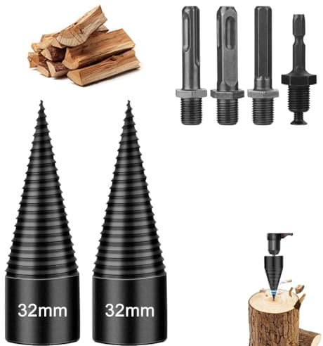 FENGCHUANG 2 pcs Fendeuse de Bûches 32mm Fendeuse à Bois Perceuse,Tige Conique Pour Fendeuse à Bois,Durable Conique en Acier, Foret à Bois pour Machine à Bois de Chauffage Avec 4 Poignées