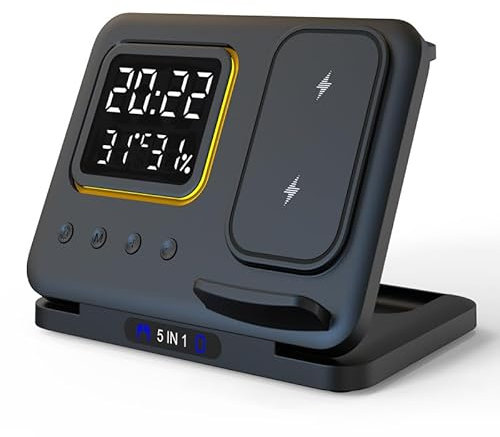 Gerbala 5 en 1 Station de Charge sans Fil, Chargeur Induction Pliable avec Horloge et Veilleuse pour Samsung S25 S24, Wireless Chargeur à Induction pour Galaxy Watch et Galaxy Buds 2 Pro