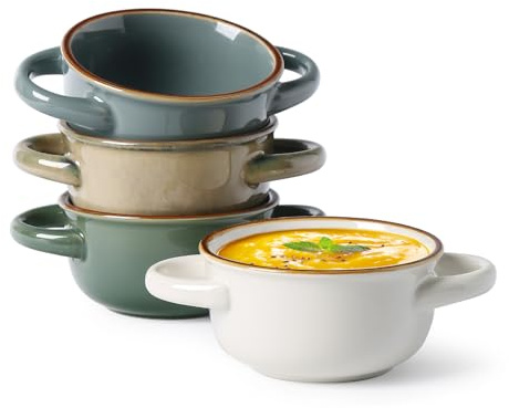 MONITO French Onion Soup Crocks, Stackable Ceramic Bowls with Handles, Oven, Microwave and Dishwasher Safe, for Cereal, Soups, Casseroles, with Handle, Stoneware, 16 oz, Set of 4