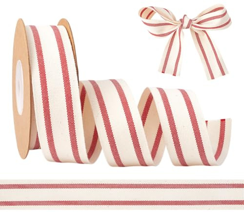 HOBBIESAY Nastro in cotone da 9,14 m, larghezza 25 mm, a righe rosse e bianche, perfetto per diverse occasioni, 1 rotolo