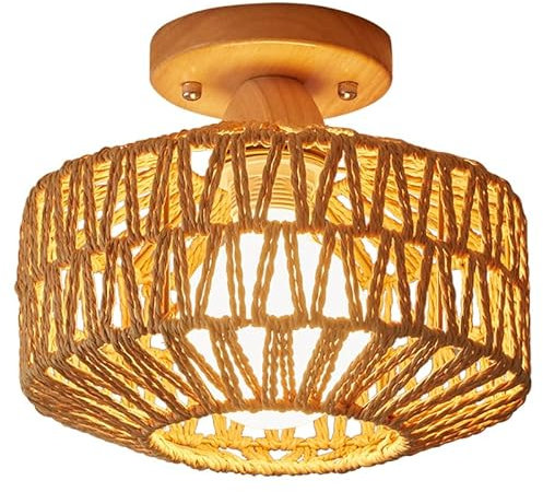 Ceiling Light Fixture Boho Flush Mount Hand Woven Hemp Rope Rattan, Vintage Hallway Wood Rustic Ceiling Lamp For Bathroom Corridor