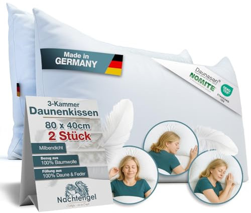 Nachtengel Down Pillow 40 x 80 cm - 3-Chamber Pillow Made of 100% Down & Feathers - Soft Hotel Bed Pillow Made in Germany, Breathable Feather Pillow for All Sleeping Types (Set of 2, White, 40 x 80 cm
