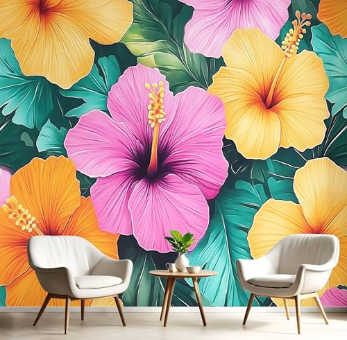 3D Fotomurale Murales Fiori Tropicali Carta da Parati Panoramica 250×170cm Floreale Fotomurali Tessuto Non Tessuto Decorazione Parete Poster Camere da Letto Soggiorno Pareti Murale