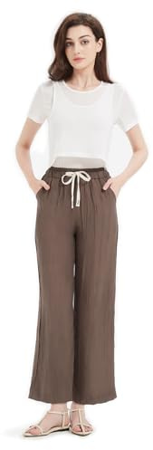GLOWELFA Pantalon Large Fluide Femme Été Plissé Taille Haute Grande Taille avec Cordon | Tenue Légère Confortable Chic pour Vacances