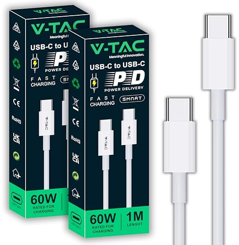 V-TAC 2x Cavo USB-C a USB-C da 1 Metro Iphone 14/15/16, Samsung Galaxy, Computer, Tablet – Power Delivery 60W - Cavo Type-C Ricarica Rapida e Trasmissione Dati – Compatibile Smartphone Xiamoi, Pixel