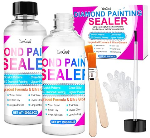 Diamond Painting Sealer 200ml - Clear Diamond Art Glue Sealant with 2 Silicone Brushes, Permanent Shine & Protective Finish, Anti-Shedding Puzzle Adhesive for 5D Paintings & DIY Crafts