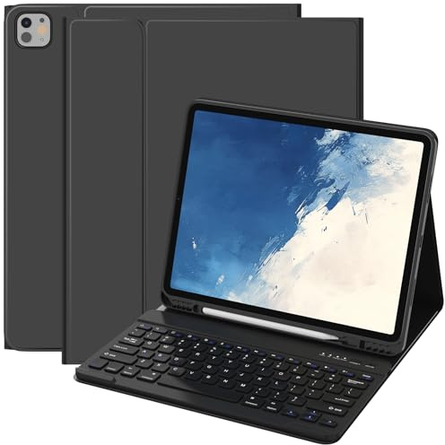 BQSS Coque Clavier pour iPad Air 13(M3 2025 / M2 2024), Pro 12.9 5/6 Ème Génération(2011/2022), AZERTY Français, Housse Amovible avec Clavier Bluetooth sans Fil