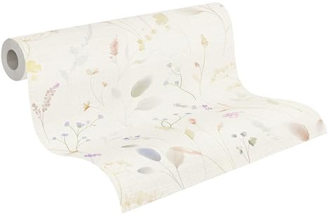 A.S. Création Gräser-Vliestapete – Weiß, Grün, Blau, Gelb – 10,05 x 0,53 m | Florales Gräser-Motiv als natürlicher Blickfang – matte Motivtapete, einfach zu verkleben & spurlos abziehbar