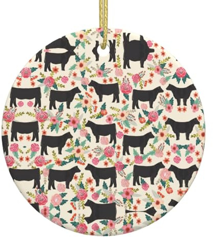 Colgante redondo de cerámica para colgar en árbol de Navidad, diseño de vacas de buey y flores, color rosa, decoración del hogar