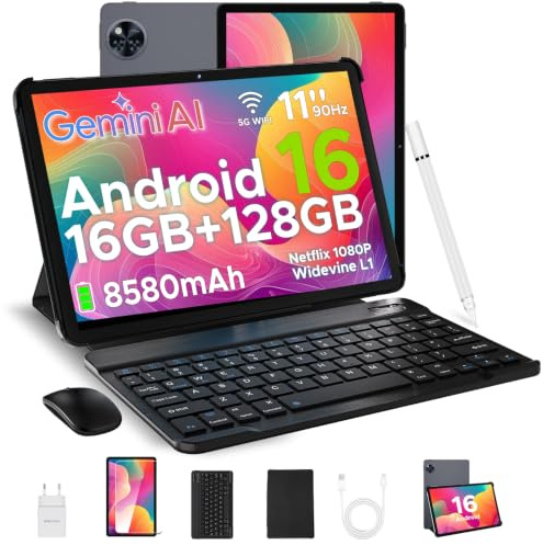 POPUX U11 Android 16 Tablet 11 Pulgadas con Teclado, 16GB+128GB/2TB Tableta con Lápiz, 8580mAh Gemini AI Tablet para Niños Octa Core, Widevine L1/13MP+5MP/5G WiFi/GMS/Face ID Tablets Grande con Ratón