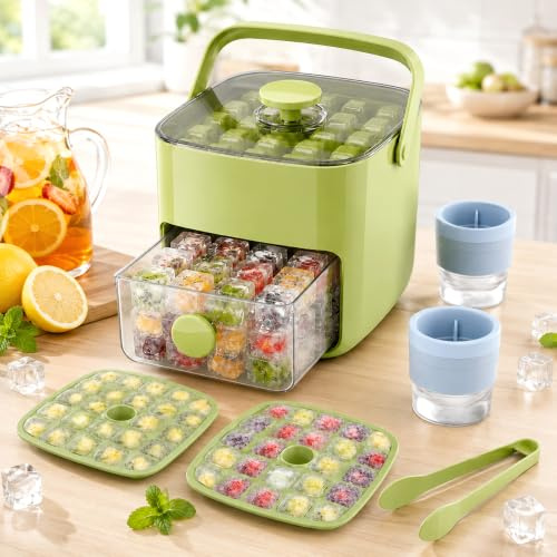 Ice Cube Tray with Lid and Storage, 48 Cube 2 Layer Easy Press Release Ice Maker Molds, BPA Free Portable Box with 2 Ice Cube Molds, for DIY Whiskey Cocktail Coffee Beverages