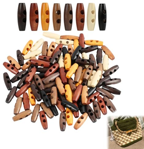 100Pcs 8 Farben Ovale Holzknöpfe, Hornförmige Knebelknöpfe Holz, nöpfe Holz 2 Löcher Holzknöpfe für Strickjacken, Jacken Kleidung,DIY Nähen Zubehör, Pullover/Mäntel Ersatz Knöpfe