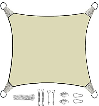 Sonnensegel Quadratisch 5m Farbe Creme mit praktischem Ösen Montagekit - Sonnenschutz für Ihren Garten/Balkon!