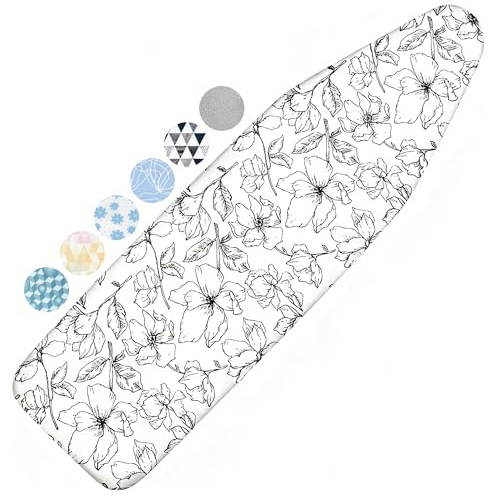 Ironing Board Cover and Pad, 15x54 Standard Size Thick Iron Padding, Scorch & Stain Resistant Ironing board cover, Heavy Duty Iron Board Padded with Adjustable Fasteners Elastic Edge, Floral White