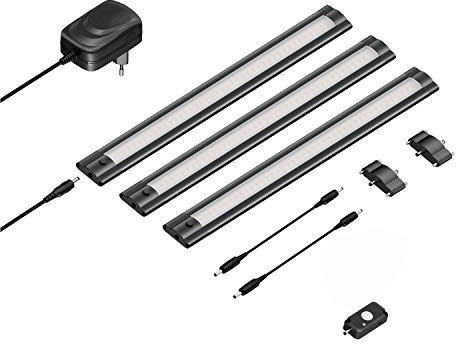 ledscom.de 3er Set LED Unterbau-Leuchte SIRIS schwarz matt mit Bewegungsmelder, flach, je 30cm, je 368lm, warmweiß