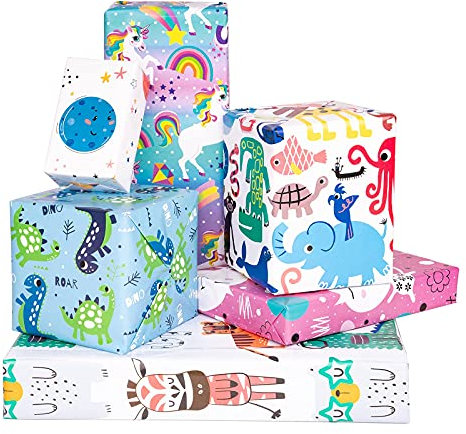 Holijolly Geschenkpapierbogen – Flach Gefaltet – 6 Verschiedene Entzückende Tierdesigns (45,2 Sq Ft.Ttl) – 70 Cm X 1 M Pro Blatt