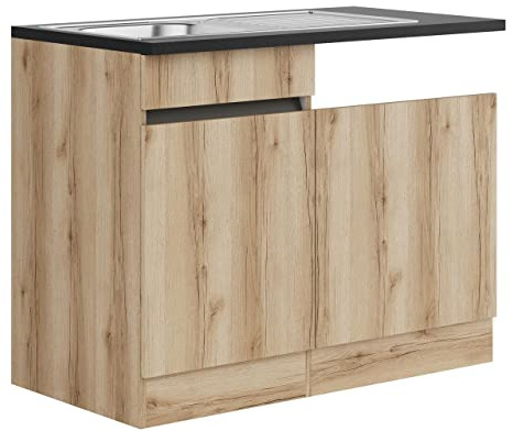 idealShopping GmbH Küchen Spülenschrank Set mit Arbeitsplatte Kaya SPGSSET-0+ in Wildeiche Nachbildung 110 cm breit
