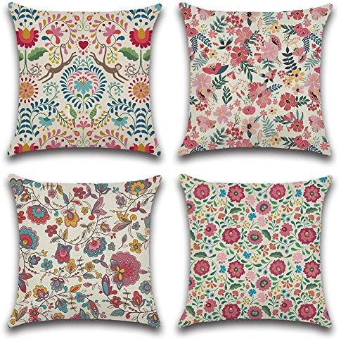 Artscope Set of 4 Waterproof Cushion Covers 45x45cm, Decorative Pink Flowers Throw Pillow Covers, Perfect to Outdoor Patio Garden Bench Living Room Sofa Farmhouse Decor