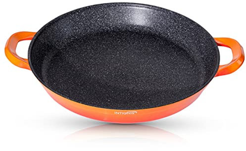 INTIGNIS Poêle à paella professionnelle, grande poêle à frire de 40 cm, aluminium, revêtement en marbre antiadhésif, sans produits chimiques, pour tous les feux à induction, passe au four