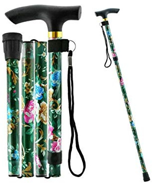Mr. Gadget Solution® Easy Adjustable Folding flower Design Walking Stick Durable Lightweight Portable Hand Walking Stick - Balancing Mobility Aid - Sleek Comfortable T Handles