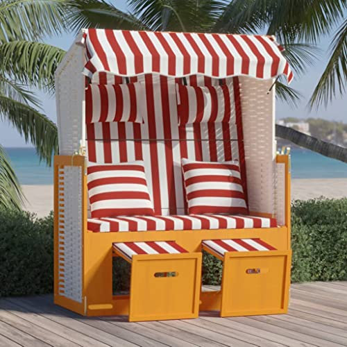 INLIFE Strandkorb mit Kissen Poly Rattan und Massivholz Rot & Weiß