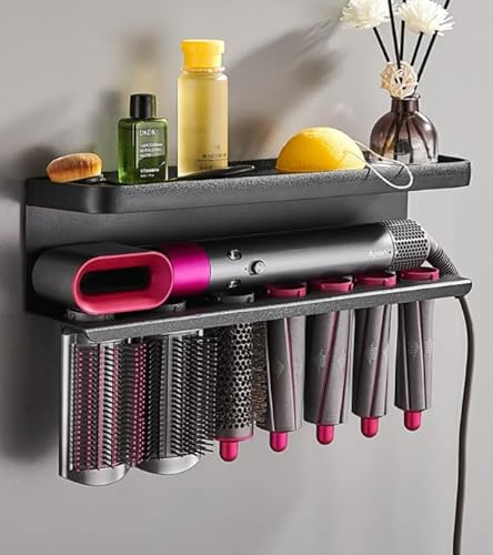 QKTYB Wandhalterung Organizer für Dyson Airwrap, 2 in 1 Aluminiumlegierung Dyson Airwrap Halterung, Lockenwickler Locken Haartrockner Halterung Ständer Fönhalter mit Kleber für Haus Bad Veranstalter