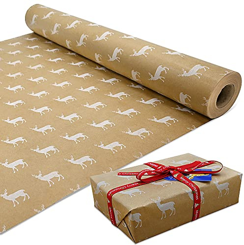 OTMVicor Rollenpaket Weihnachts geschenkpapier, 43cm x 15m Große Rolle Geschenkpapier recycelbares Kraftpapier bedruckt mit Elch für Weihnachtsgeschenkverpackung, Partydekoration