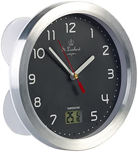 St. Leonhard Duschuhr: Badezimmer-Wanduhr mit LCD-Thermometer, Aluminium-Rahmen, IPX4, Grau (Badezimmeruhren, Bad-Wanduhr, wasserdicht)