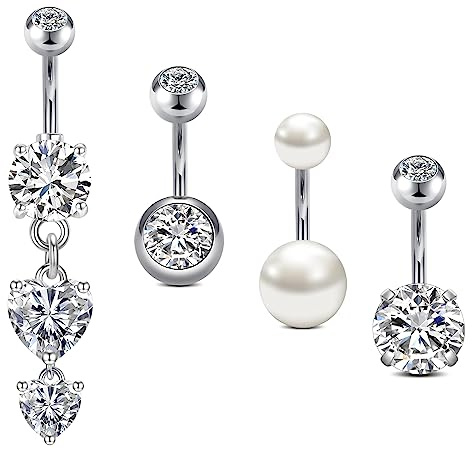 vcmart 4stk Bauchnabelpiercing 8mm Chirurgenstahl Bauchpiercing 14G Herz Piercing Bauchnabel Bauch Ring Schmuck Silber