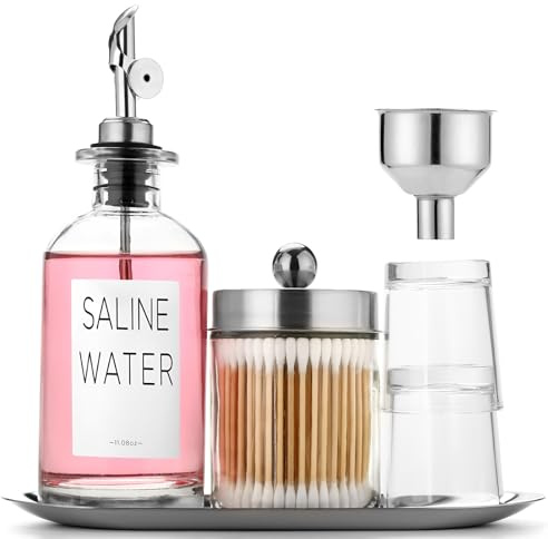 Munvatten i glas set – 335 ml munsköljsdispenser för badrum med koppar och bricka tratt – glas muntvättsbehållare flaska med Qtip hållare – silver