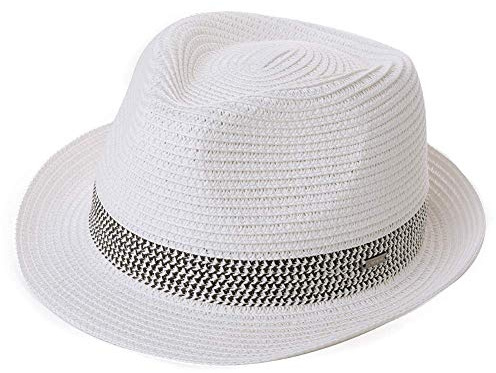 Comhats Sombrero de paja para hombre Trilby para verano, protección solar – Sombrero panamá plegable S-3XL, Fedora para playa, festival, enrollable y elegante, 54-66 cm, 16010_ White, S