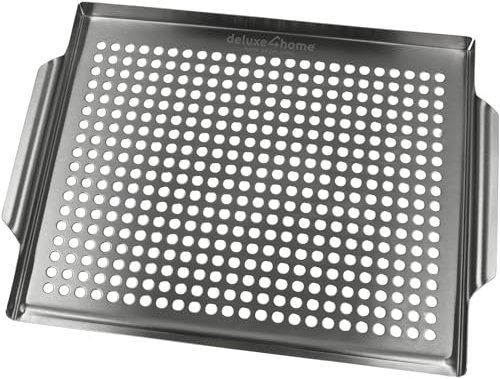 deluxe4home® Grillschale aus Edelstahl 40x30 cm I Grillplatte für Grillgemüse & empfindliches Grillgut I Alle Grillarten I Grillkorb 100% Edelstahl BBQ-Platte tragbar