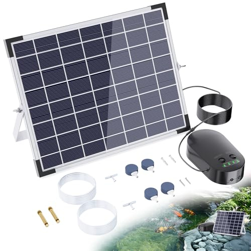 POPOSOAP 15W Solar Pond Aerator, Solar Aerators for Ponds with 4400mAh Battery, Solar Aquarium Air Pump with 2 Outlets and Power Display, 3 Mode Solar Air Pump for Fish Pond Tank Hydroponics Wildlife