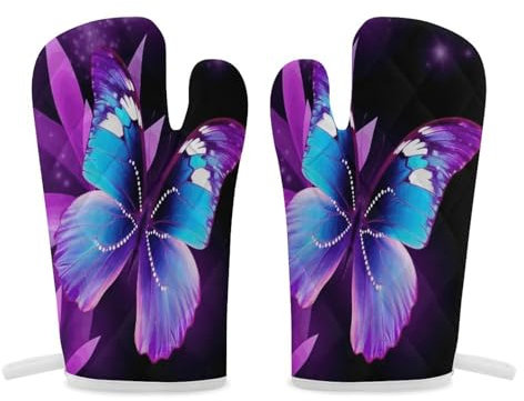 Thermal Gloves, Blue Purple Butterfly Print Heat Resistant Gloves Oven Mitts Kitchen Gloves Cooking Gloves Microwave Gloves