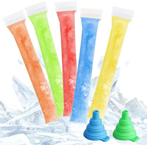 GAOHAN 200 Disposable Ice Popsicle Mold Bags Freezer Tubes with Zip Seals | DIY Ice Pop Bags for Yogurt, Juice & Fruit Smoothies, Snacks, BPA Free Ice Candy Pops - Comes with Two Funnel (6 * 22cm)