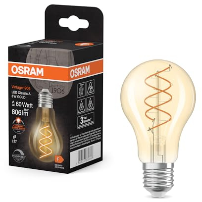 Osram Vintage 1906 Classic ist eine warmweiße, dimmbare LED-Lampe in Kolbenform mit spiralförmigem Filament. Sie bietet 8 W für 806 lm, E27 Fassung, goldfarbenes Glas, 60 mm Durchmesser, 2200 K.