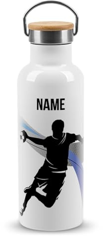 PR Print Royal Edelstahl-Trinkflasche für Sportler mit Name selbst gestalten - Handball - Geschenk Sportler, Personalisierte Handball Geschenke für Männer | Thermosflasche Weiß, 500 ml