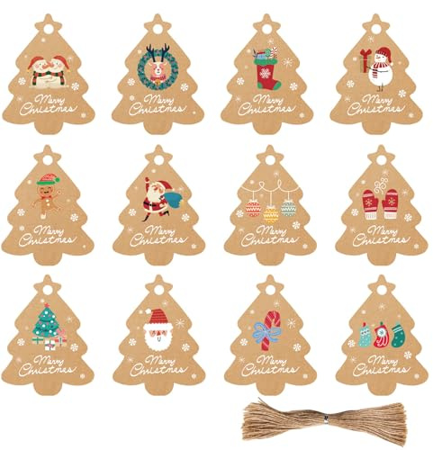 geschenkanhänger weihnachten kraftpapier,48 pcs baumschmuck Weihnachtsbaum Geform geschenkanhänger kraftpapier mit kordel weihnachten für deko weihnachten geschenke