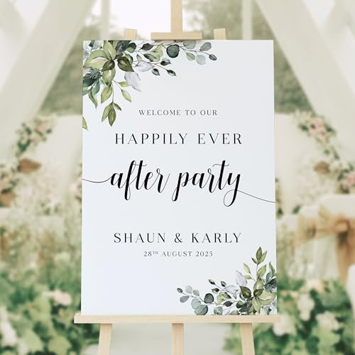 Wedding Welcome Sign Happily Ever After Party - Green Eucalyptus. Foam Board, Canvas or Poster. Sizes A1, A2, & A3. (A2 Canvas)