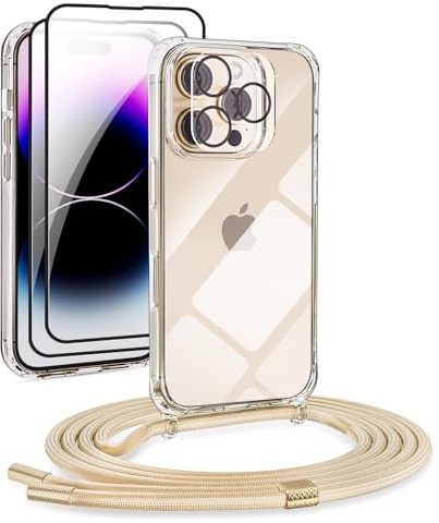 DiDaDi 5 in 1 Set Hochwertige Handykette Hülle mit Band Für iPhone 16 Pro Max, Handytasche mit Umhängeband, Necklace Transparent Handyhülle Case mit Schnur Abnehmbar, Handy umhängeband (Gold)