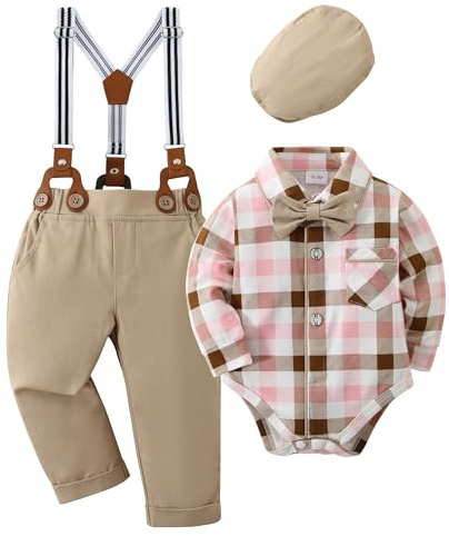 Amissz Baby Boy Gentleman Clothes Suit Infant Formal Long Sleeve Tuxedo Romper Jumpsuit + Suspender Pants + Beret Hat 3pcs Khaki, 0-3 Months