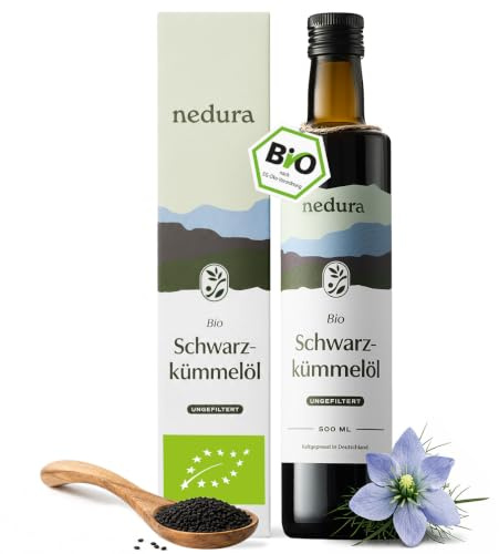 nedura® BIO Schwarzkümmelöl kaltgepresst (XL-Flasche, ungefiltert) – aus eigener Manufaktur in Deutschland, nur Erstpressung | Thymochinongehalt je Charge mit QR-Code auf der Flasche - 500ml