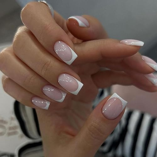 French Tip False Nails - 24pcs Square Press On Nails Short In 12 Sizes - Nude Stick on Nails with Elegant White Edge - Long Lasting False Nails with Glue Removable Nail Art Gifts for Women
