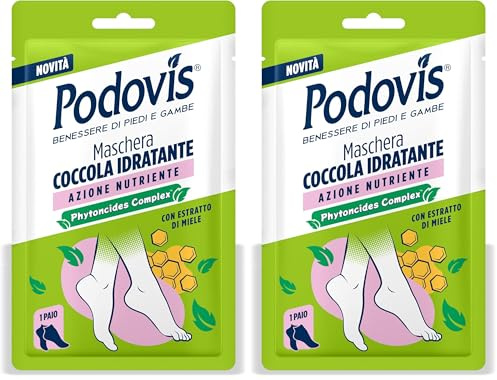 Podovis, Maschera Piedi Coccola Idratante - Maschera Piedi Idratante, Effetto Impacco, Pelle Morbida e Vellutata, con Estratti di Miele e Propoli, 1 Paio (Confezione da 2)
