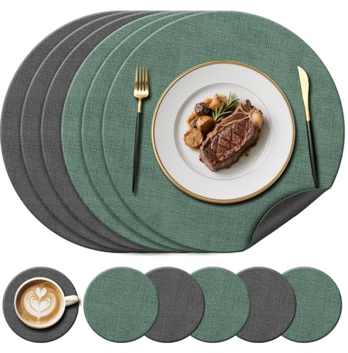 Kunstleder-Tischsets (38 cm) & Untersetzer (10 cm), Grün/Grau, 6er-Set | Beidseitig Runde Tischsets, hitzebeständig bis 212 °F, rutschfest & waschbar, für Glas-/Holz-/Marmortische, Küche, Garten