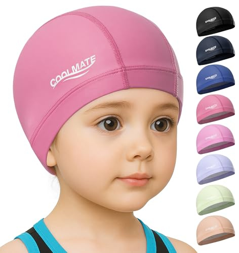 COOLMATE Fabric Swim Cap for Kid 3 4 6 8 14 16, Silicone Water-resistant Layer, Cloth Swim Cap for Boy, Girl, Youth, Lightweight and Comfortable, Perfect for Pool, Beach, Lap Swimming (Dark Pink, 2XS)