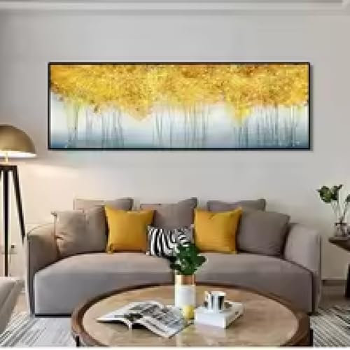 HIPWST Abstraktes Ölgemälde auf Leinwand, Poster und Drucke, Wandkunst, Gemälde, goldene Geldbäume, Bilder, Wohnzimmerdekoration, 50 x 150 cm, rahmenlos
